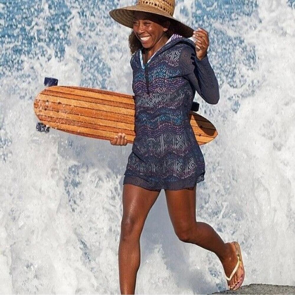 Title Nine Hoodie Long Sleeve Blue Wavy Strip Airess Amphib Tunic Cover up XS
